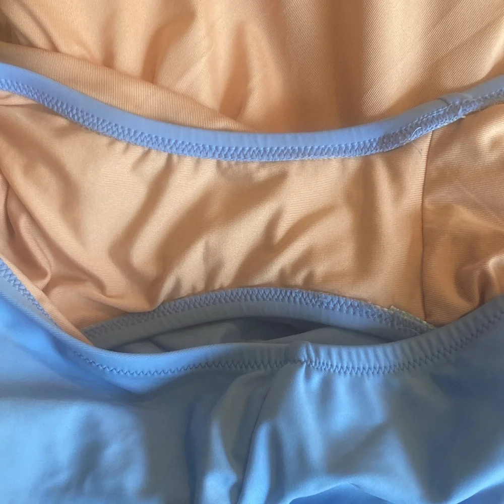 Reimagined by J Crew ruched bandeau one piece bathing suit in Pale Seascape